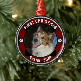 Pet FIRST CHRISTMAS Rustic Red Black Play Photo Julgransprydnad Metall