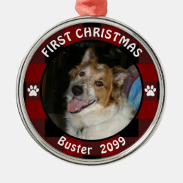 Pet FIRST CHRISTMAS Rustic Red Black Play Photo Julgransprydnad Metall