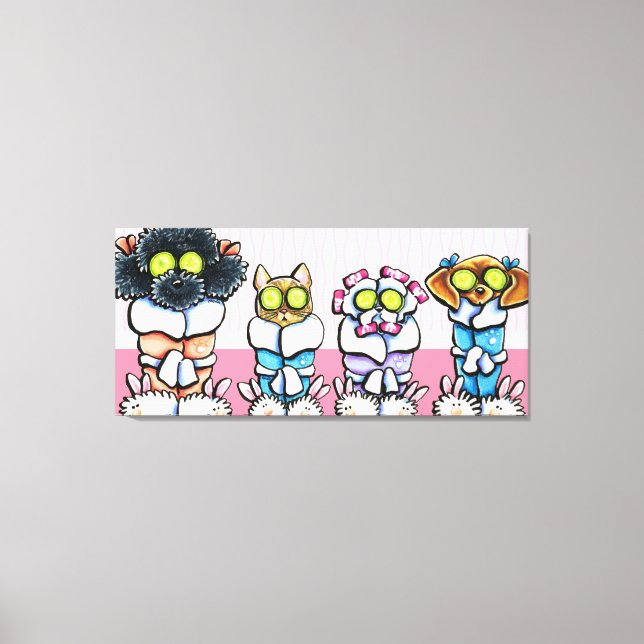 Pet Groomer Spa Art Hundar Cat i Robes Rosa Canvastryck (Framsida)