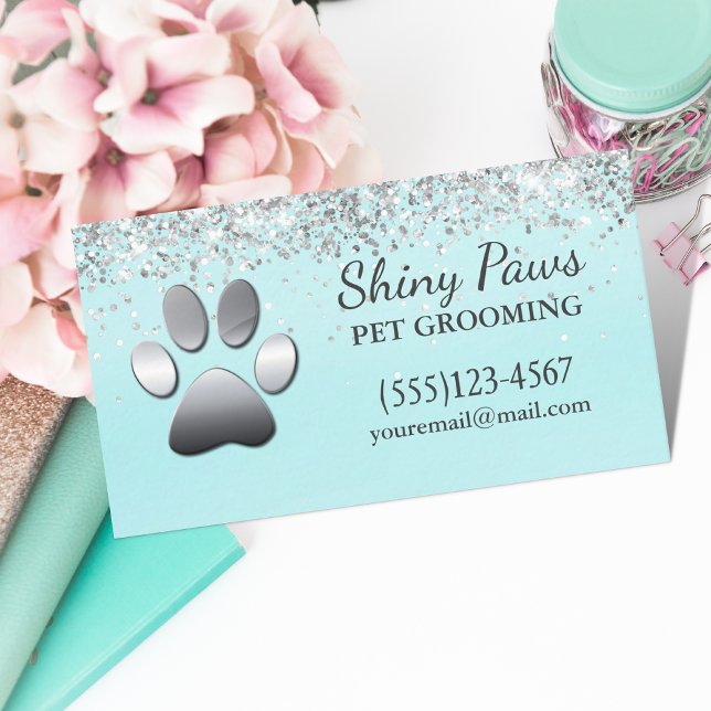 Pet Grooming av luxury Silver Glitter Hund Visitkort (Skapare uppladdad)