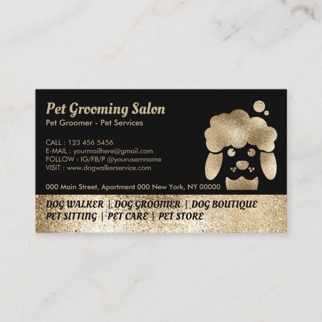 Pet Grooming Salon Guld Sparkling Visitkort (Framsida)