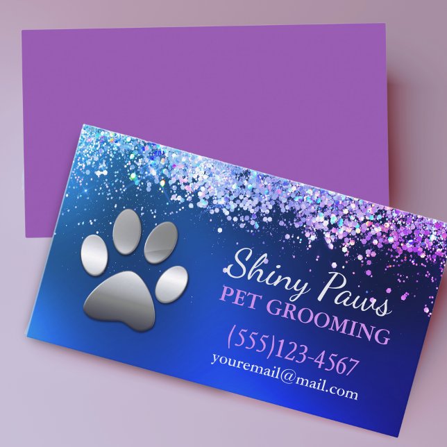 Pet Grooming Service i Luxury Blue Glitter Hund Ta Visitkort (Skapare uppladdad)