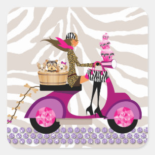 Pet Grooming Stickers Scooter Woman Hundar Zebra Fyrkantigt Klistermärke