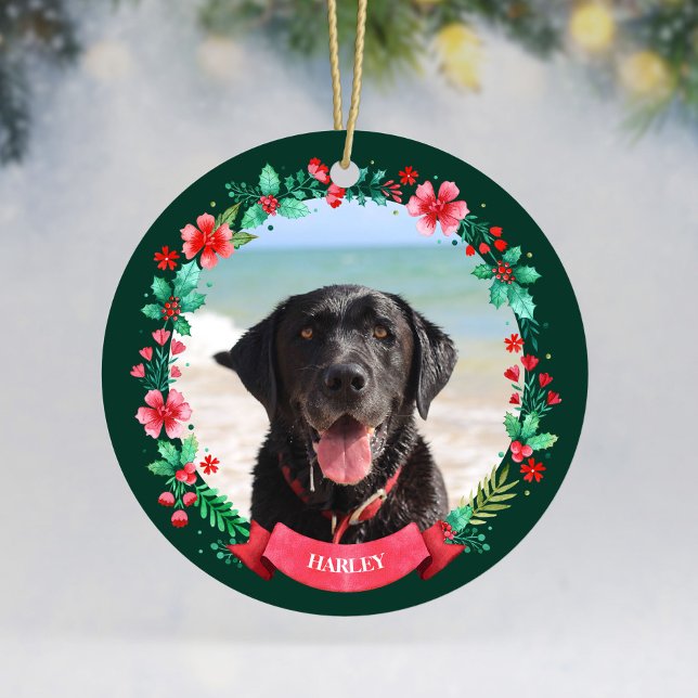 Pet Hund 2 Fotjurets julfrand Julgransprydnad Keramik (Pet Dog Two Photo Christmas Wreath Ceramic Ornament)