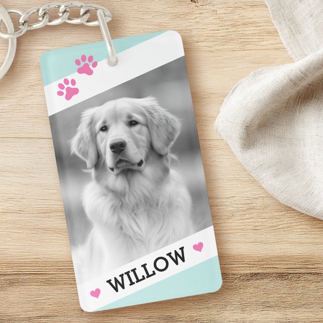 Pet hund fotoljusaka blått vitt gräns namn nyckelring (Pet dog photo light aqua blue white borders name keychain)
