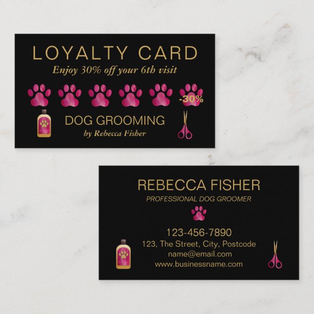 Pet Hund Grooming Black Rosa Loyalty Rewards Card Tidsbeställning Kort (Fram/baksida)