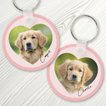 Pet hund i hjärtat med namn rosa gräns nyckelring<br><div class="desc">Rosa eller anpassningsbar färg nyckelring med foto från husdjur i ett hjärta med namn i ett handskrivet stil-skript och en mörkare rosa gräns runt kantens nyckelring. Utskrift på dubblan.</div>