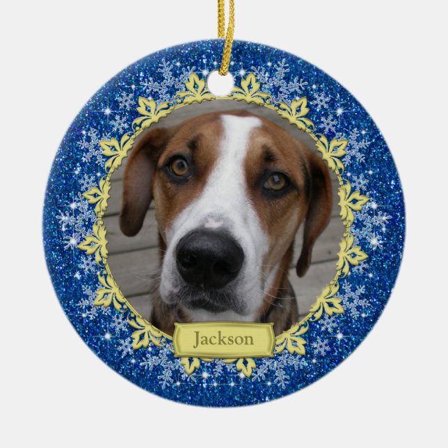 Pet Hund Memorial Blue Snowflake Photo jul Julgransprydnad Keramik (Framsidan)