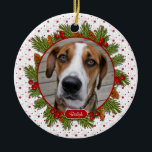 Pet Hund Memorial Gräs Boughs Holly Photo jul jul Julgransprydnad Keramik<br><div class="desc">Det är enkelt att anpassa texten och fotot på den här lilla hund till minnessymbolen Julfoto (rund form). De röda och grönt gräs-boughs, gräs-cones och hullbär på röd och vit mönster-bakgrund gör detta till en söt och traditionell "till minne av" Julafton julprydnad. På baksidan kan du anpassa den med namn...</div>