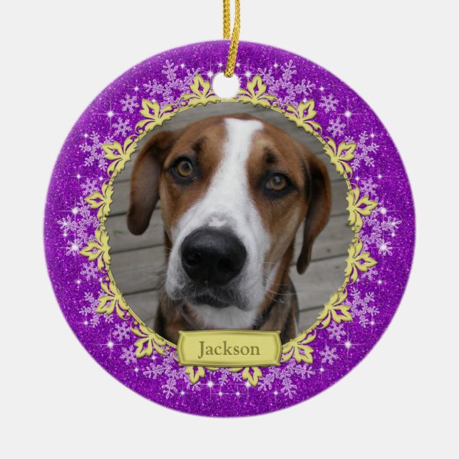 Pet Hund Memorial Lila Snowflake Photo jul Julgransprydnad Keramik (Framsidan)