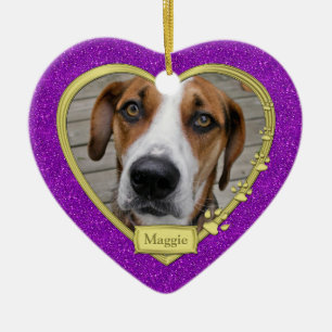 Pet Hund Memorial Photo jul Lila Guld Heart Julgransprydnad Keramik