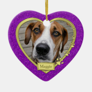 Pet Hund Memorial Photo jul Lila Guld Heart Julgransprydnad Keramik