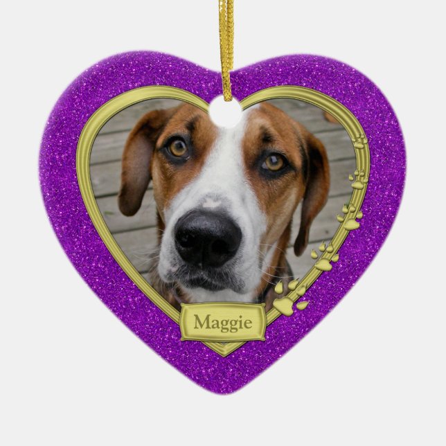 Pet Hund Memorial Photo jul Lila Guld Heart Julgransprydnad Keramik (Framsidan)