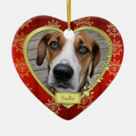 Pet Hund Memorial Photo jul Red Guld Heart Julgransprydnad Keramik