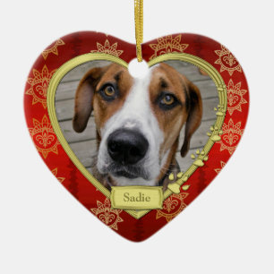 Pet Hund Memorial Photo jul Red Guld Heart Julgransprydnad Keramik