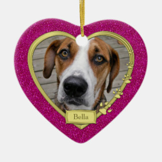 Pet Hund Memorial Photo jul Rosa Guld Heart Julgransprydnad Keramik
