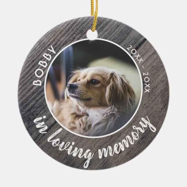 Pet Hund Memorial Photo Rustic Wood Keepsak Julgransprydnad Keramik (Framsidan)