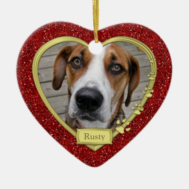 Pet Hund Memorial Red Photo Heart jul Julgransprydnad Keramik (Framsidan)