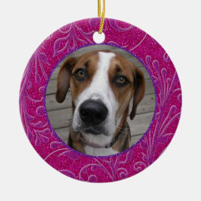 Pet Hund Memorial Rosa Lila Photo jul Julgransprydnad Keramik (Framsidan)
