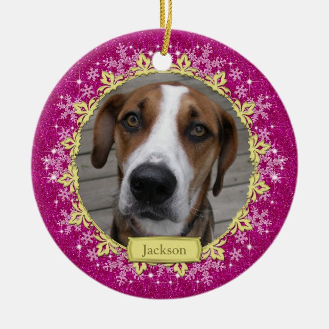 Pet Hund Memorial Rosa Snowflake Photo jul Julgransprydnad Keramik (Framsidan)