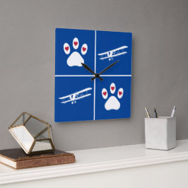 Pet Hund Paw Print & Airplane, Cute Aviation Blue Fyrkantig Klocka