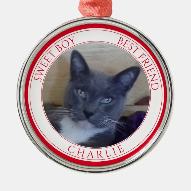 PET KÄRLEK Premium Round Ornament + Text / Red (Framsidan)