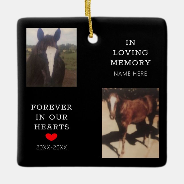 Pet Memorial Horse Photo Red Heart Personlig Julgransprydnad Keramik (Framsida)