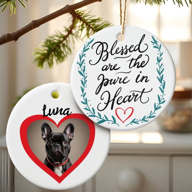 Pet Memorial välsignad är den rena i hjärtfoto Julgransprydnad Keramik (Blessed are the Pure in Heart pet memorial photo ornament with heart frame, Christian sympathy gift.)