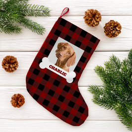 Pet Photo and Dog Bone with Name on Buffalo Plaid Liten Julstrumpa