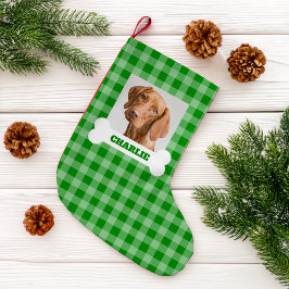 Pet Photo and Dog Bone with Name on Green Plaid Liten Julstrumpa