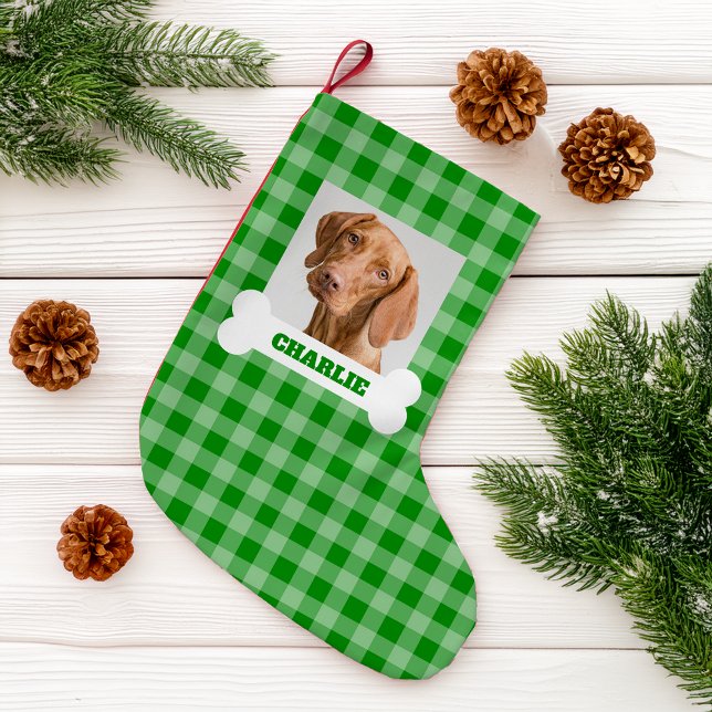 Pet Photo and Dog Bone with Name on Green Plaid Liten Julstrumpa (Skapare uppladdad)