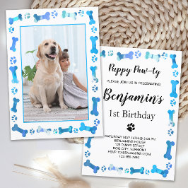 Pet Photo Blue Tass avtryck Hund Birthday Inbjudningar