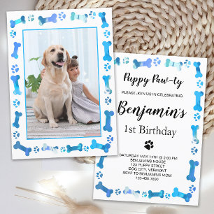 Pet Photo Blue Tass avtryck Hund Birthday Inbjudningar