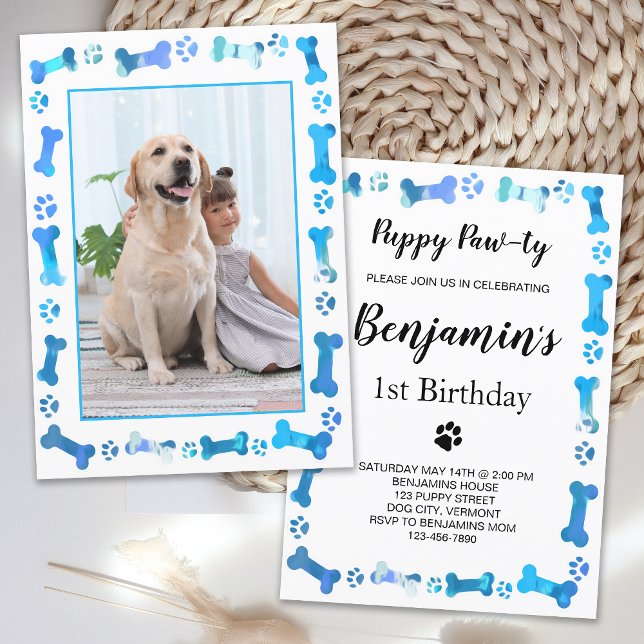 Pet Photo Blue Tass avtryck Hund Birthday Inbjudningar (Skapare uppladdad)