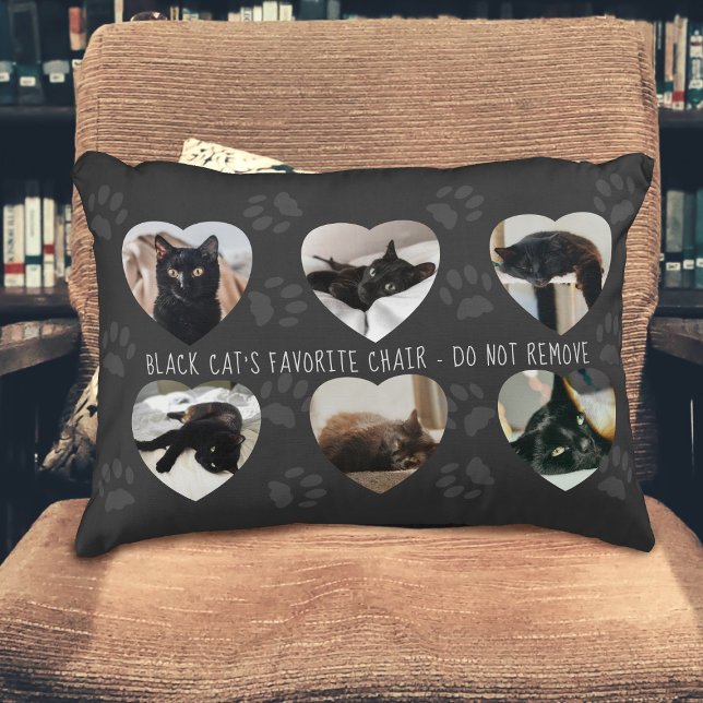 Pet Photo Collage Black Cat Favorite Dekorativ kud Prydnadskudde (Does you cat have a favorite chair? Upload their photos to this accent pillow and put it on it)