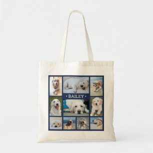 Pet Photo Collage Navy Blue Modern Hund Cat Namn Tygkasse