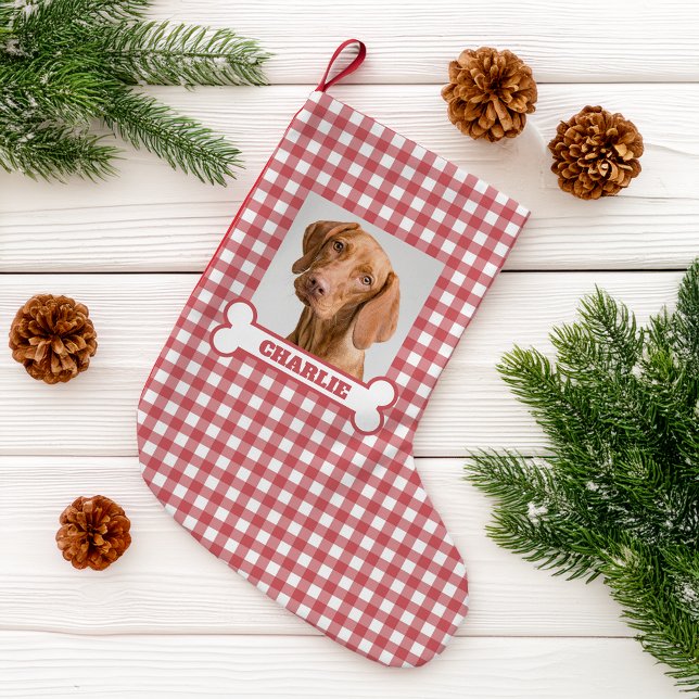 Pet Photo & Dog Bone with Name on Red White Plaid Liten Julstrumpa (Skapare uppladdad)