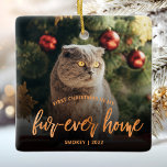 Pet Photo First jul Forever Home Copper Julgransprydnad Keramik<br><div class="desc">Fira ditt husdjurs första jul i sitt nya hem med denna vackra moderna keepsaksprydnad. I texten står det "Första julen i mitt päls-i-hem" med ord "päls-någonsin-hemmet" i manuset av kopparfaux-folie i elegant. Ersätt exempelbilden med ett foto av katten eller hund och lägg till namn och året i kopparsans serif-teckensnitt. Ett...</div>