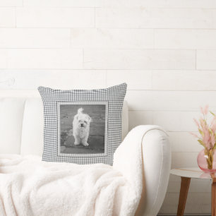 Pet PHOTO Gingham NAMN Hund Decor Black White Kudde