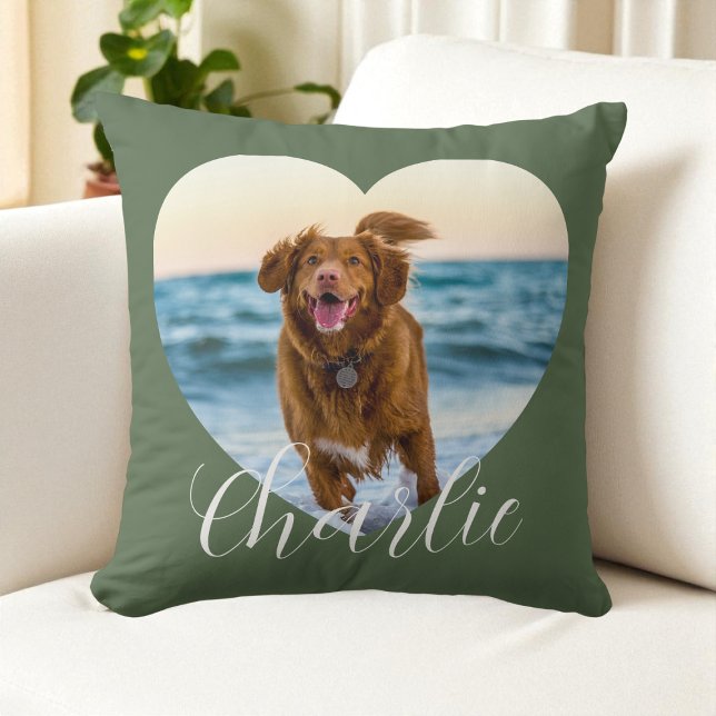 Pet Photo Green Script Cute Heart Personalized Dog Kudde (Pet Photo Green Script Cute Heart Personalized Dog Throw Pillow)