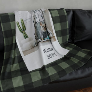 Pet Photo Grönt Black Buffalo Check Fleece Blanket