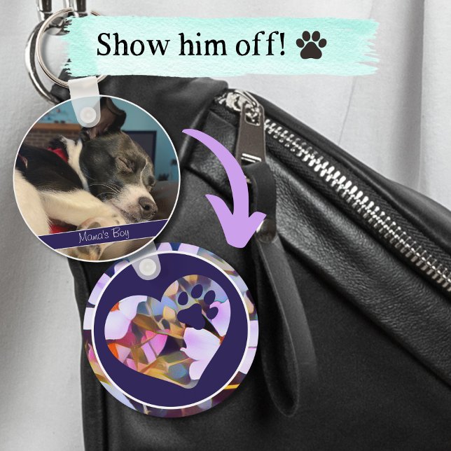Pet Photo Keychain med Namn i Lila och blått Nyckelring (Skapare uppladdad)