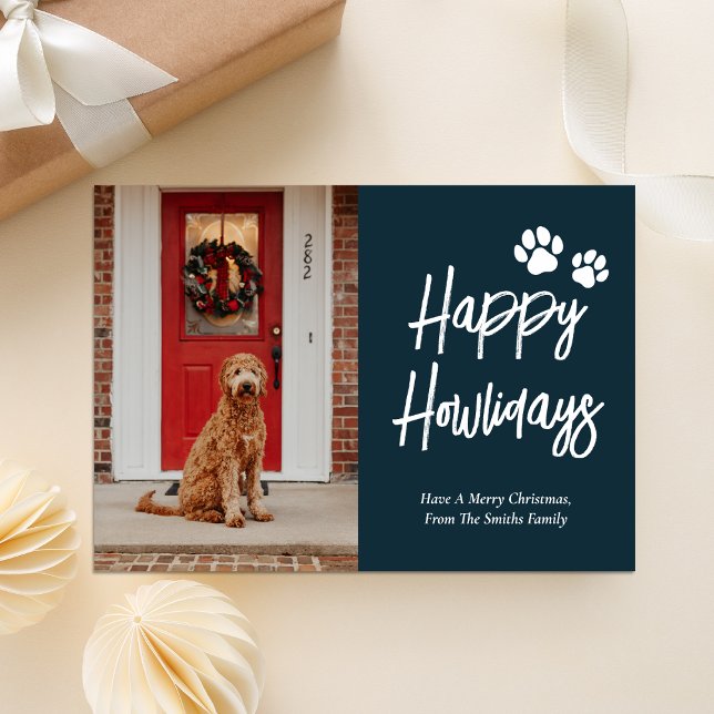 Pet Photo Lycklig Howlidays Blue Calligraphy Pet P Julkort (Skapare uppladdad)