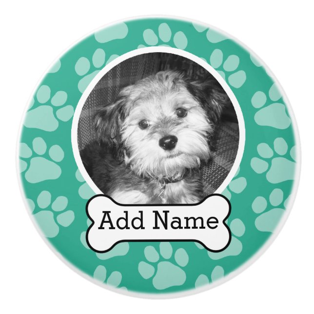 Pet Photo med Hund Bone och Tass avtryck Grönt Knopp (Framsidan)