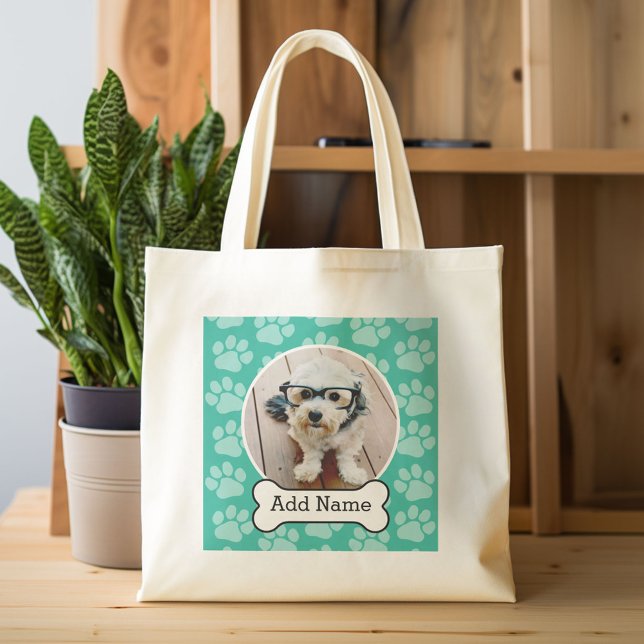 Pet Photo med Hund Bone och Tass avtryck Grönt Tygkasse (Custom Canvas Tote Bag)