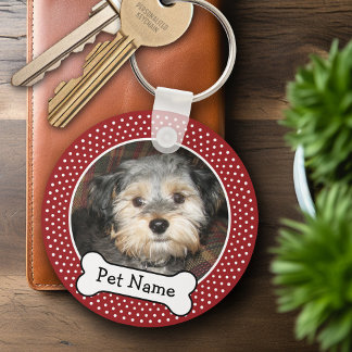 Pet Photo med Hund Bone Red Polka dots Nyckelring
