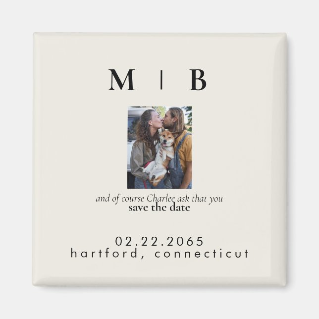 Pet Photo Monogram Cream Spara datumet Bröllop Magnet (Framsidan)