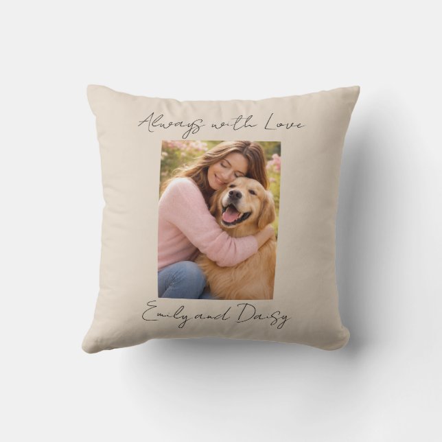Pet Photo Name Text Throw Pillow Beige Love Always Kudde (Baksida)
