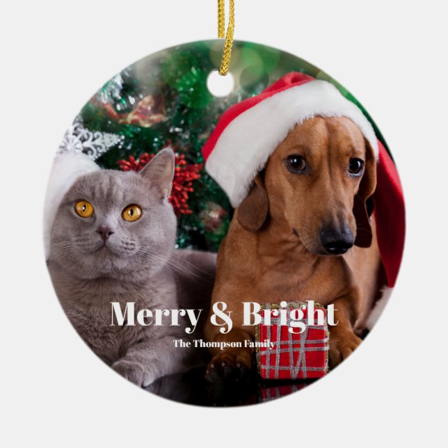 Pet Photo Namn Merry och Bright Julgransprydnad Keramik (Framsidan)