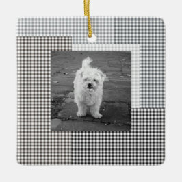 Pet PHOTO NAMN YEAR Classic Neutralt Gingham Rolig Julgransprydnad Keramik
